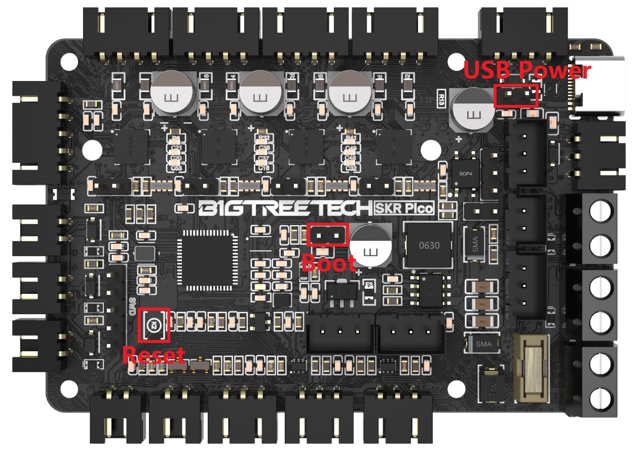 Real board — BOOT, RESET and USB-power jumper locations, marked by BigTreeTech