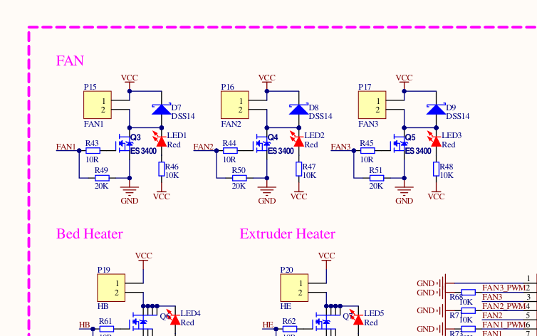 Real schematic — the three fan output circuits