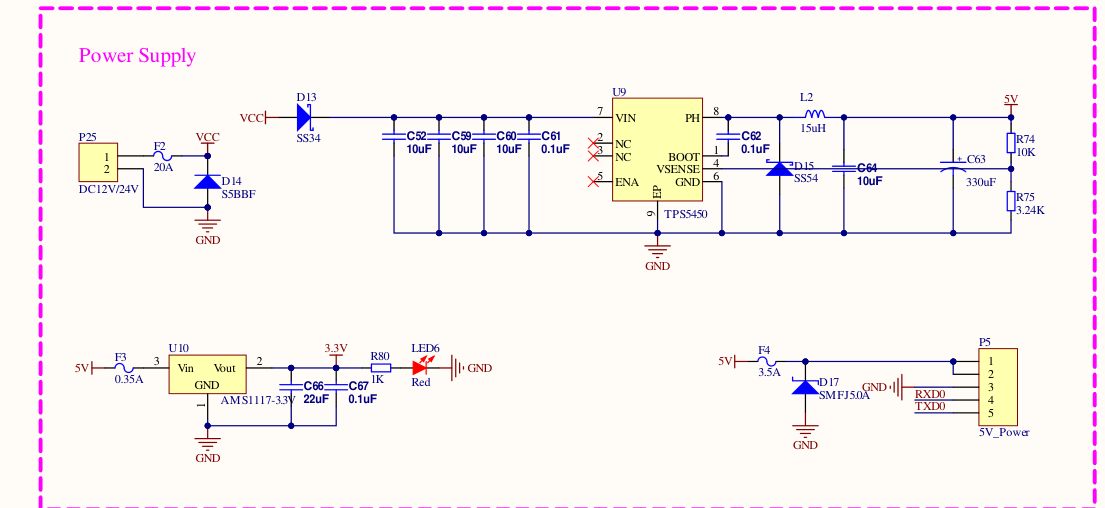 Real schematic — power input, 5V buck, Pi power header