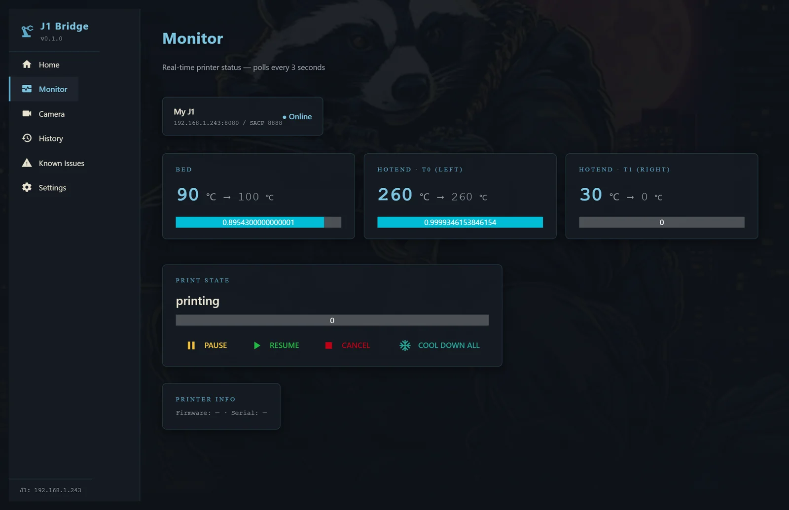 J1 Bridge live print monitor