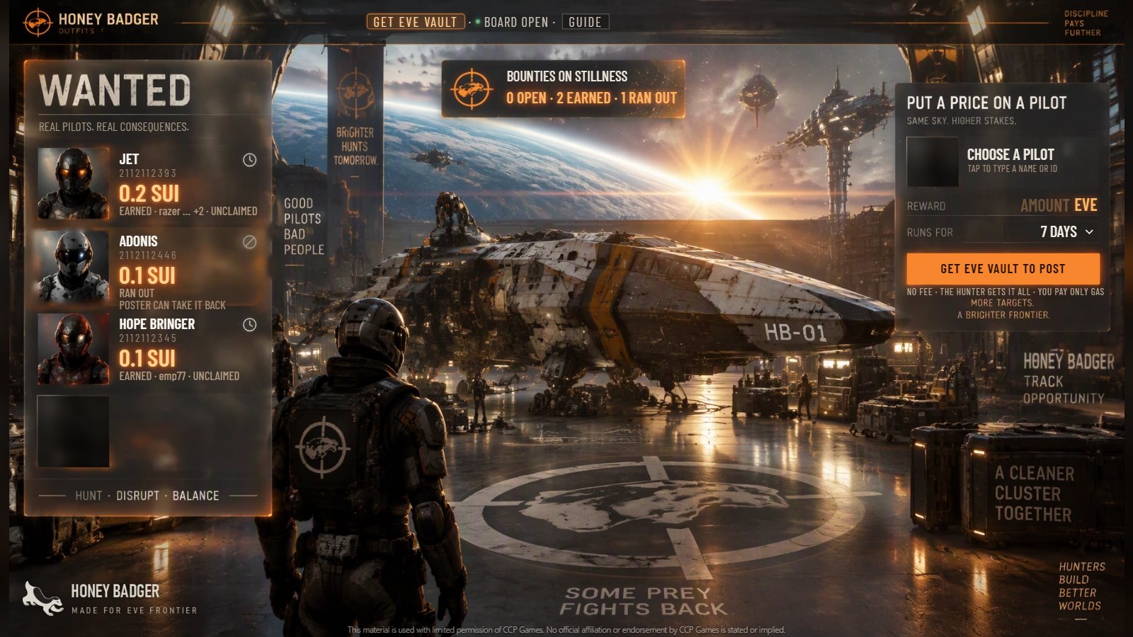 The Bounty Board: a Wanted list of pilots with SUI rewards on the left, a form to put a price on a pilot on the right, in a starship hangar
