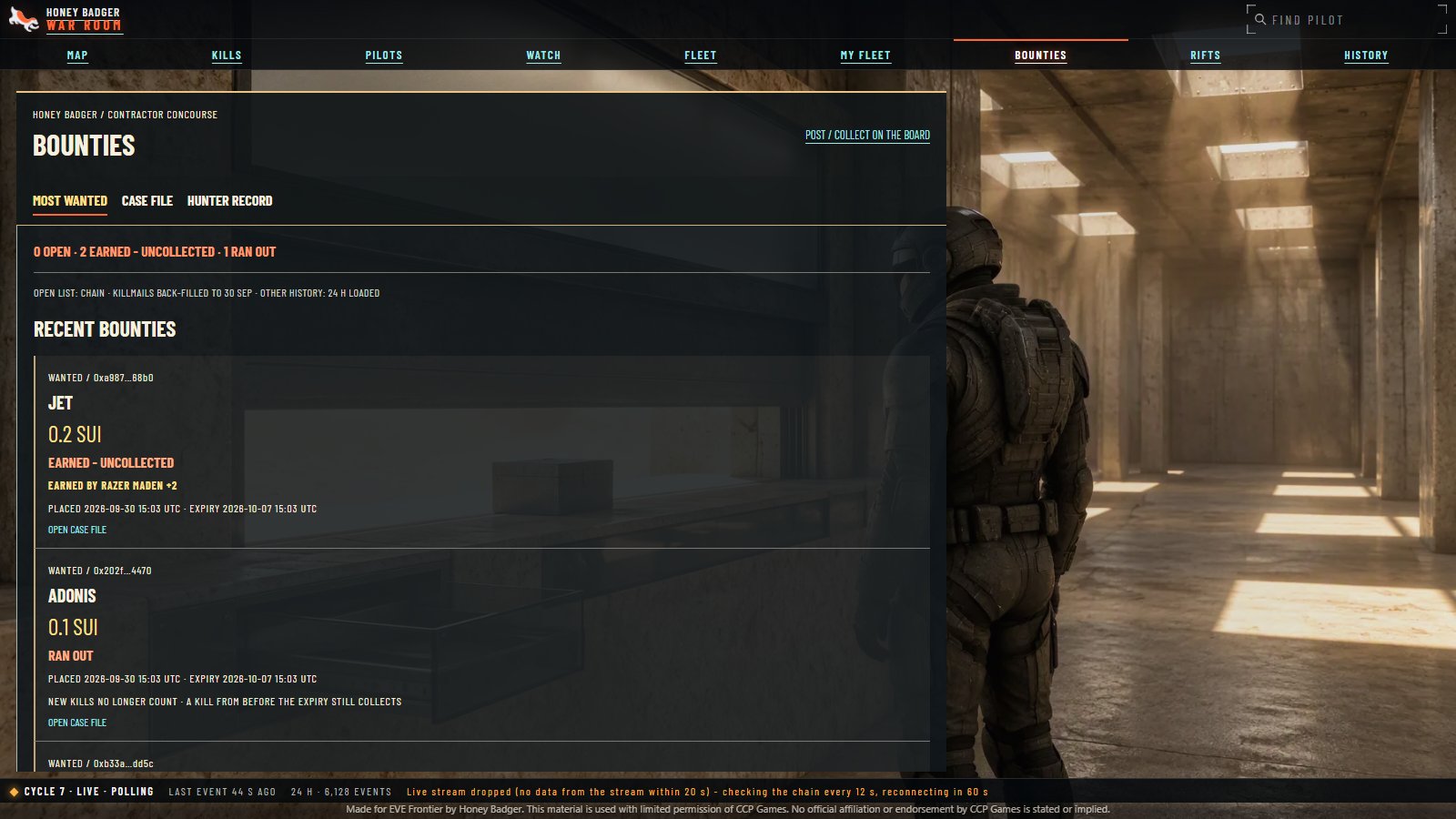 War Room Bounties page: wanted list, recently claimed and expired bounties read from the chain
