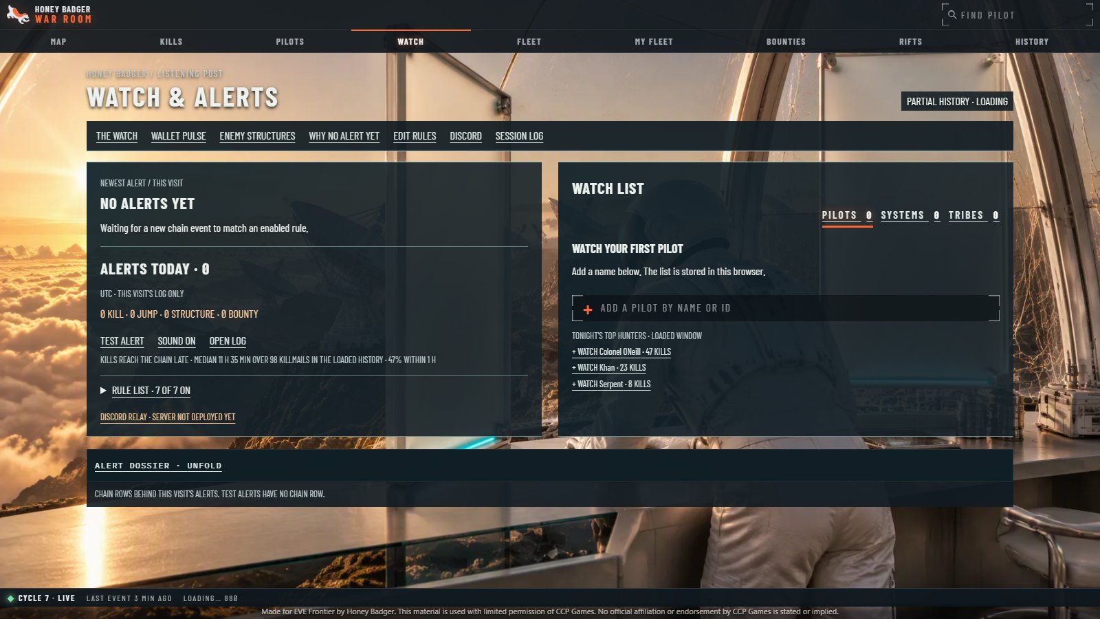 War Room Watch and Alerts: alert rules on the left, watch list slots on the right, Discord pings marked as not deployed yet